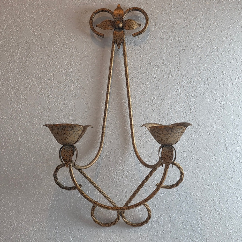 Vintage Gold Wrought Iron Wall Sconce Fleur De Lis‎ Double Taper Candle Holder